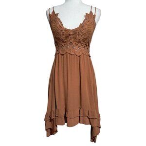 Y2K Justify L Rust Brown Leaf Lace Fairycore Boho Ruffle Mini Sundress Back